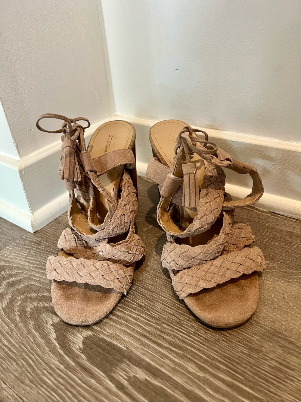 BCBGeneration Tan Braided Suede Lace-Up Heels with Tassels